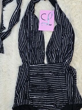 Black and White Striped Halter One-Piece Swimsuit
